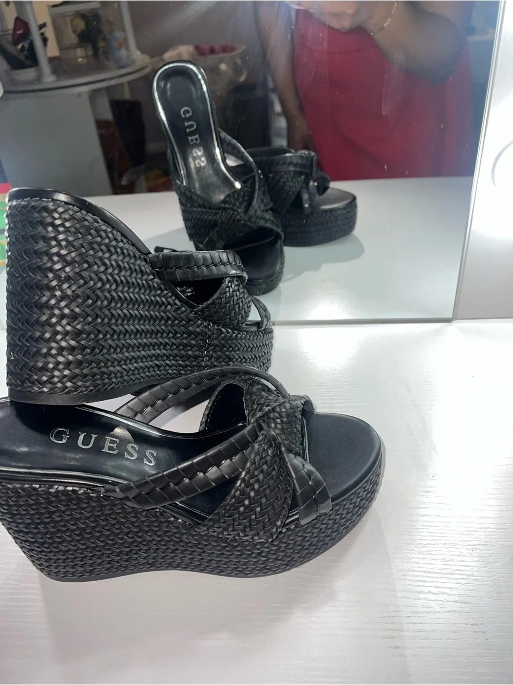GUESS Black Eveh Knotted Jute Wrapped Platform Wedge Sandals